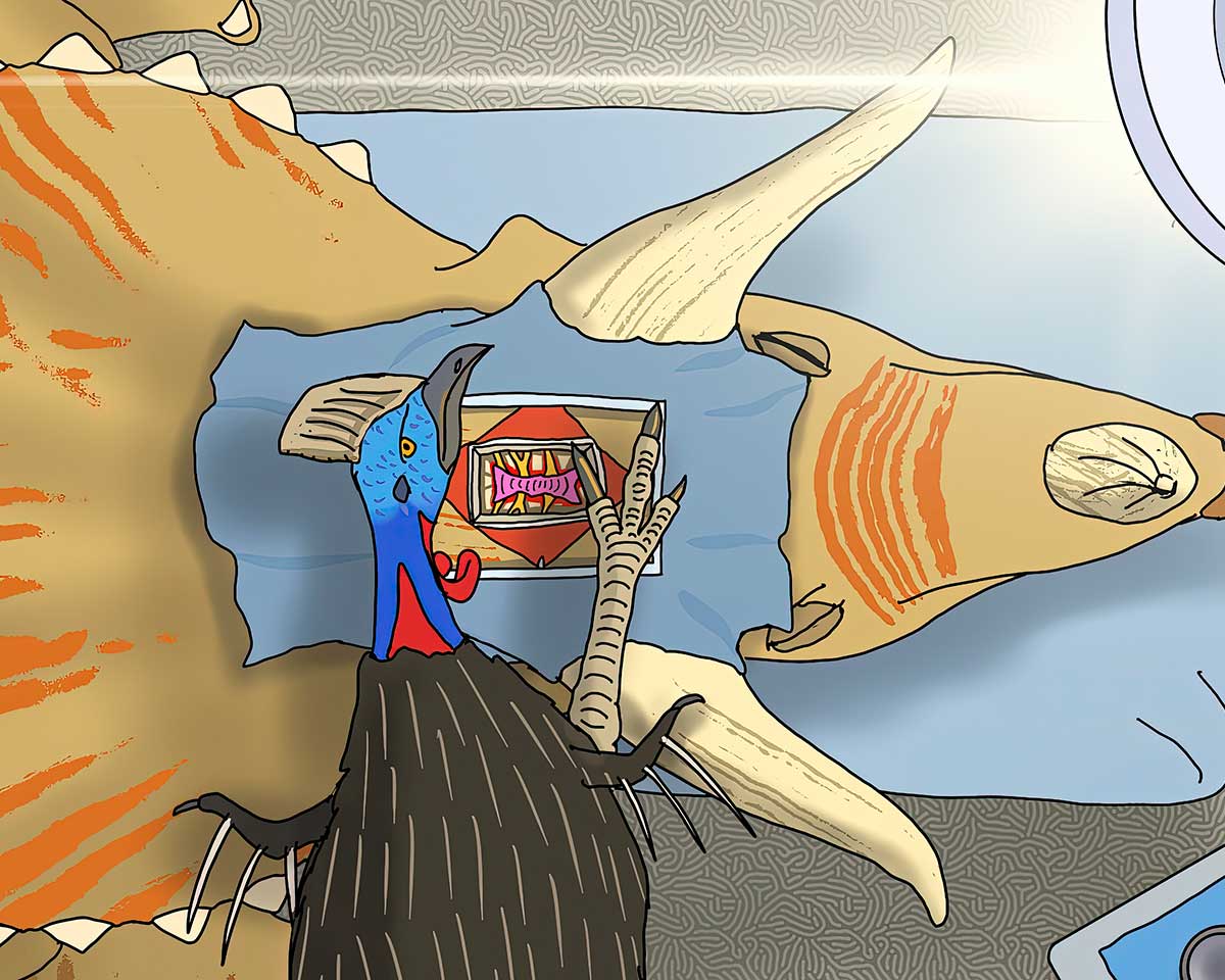Cassowary Brain Surgery on Triceratops - Fine Art Print